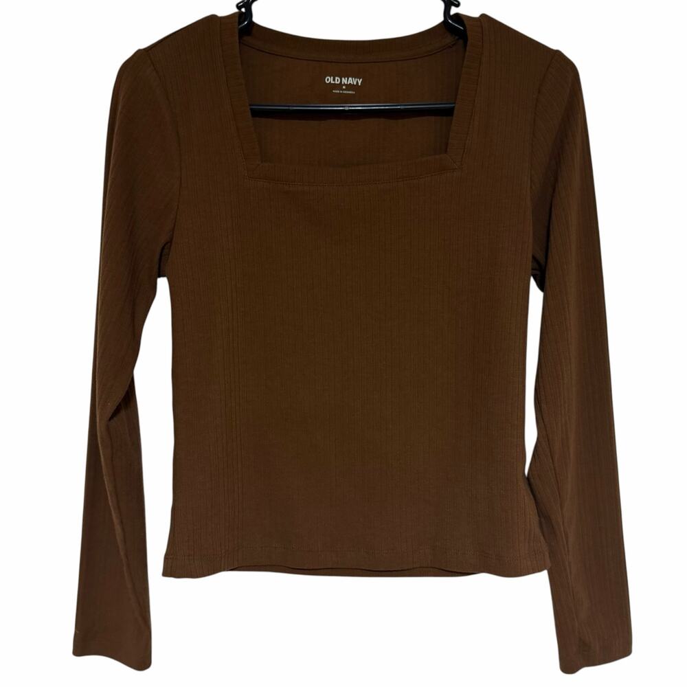 NEW OLD NAVY Long Sleeve T Shirt Brown Size Medium Square Neckline Ribbed Casual